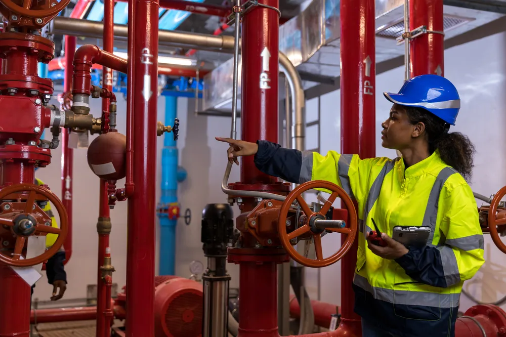 Engineer inspecting fire suppression system and firefighting equipment